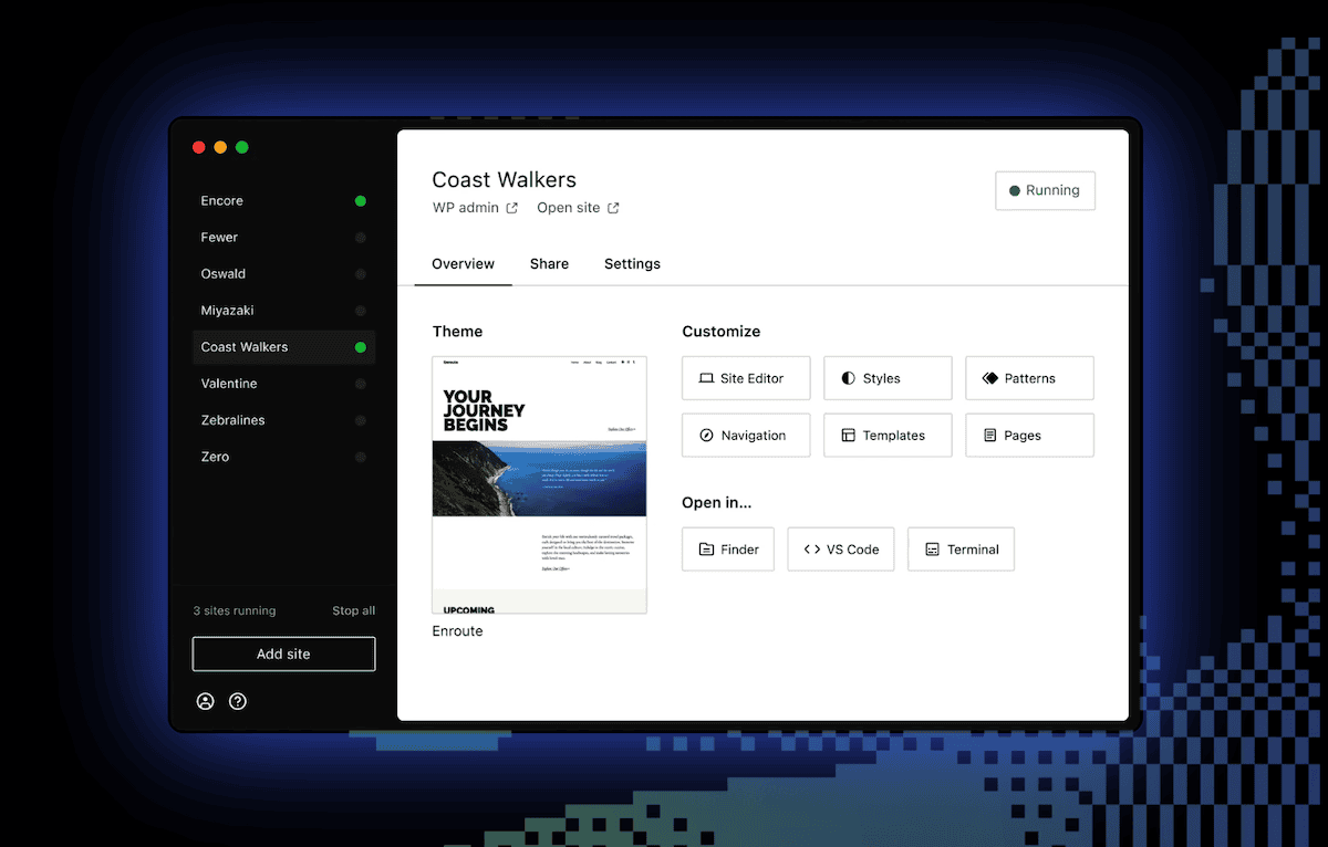 The WordPress Studio tool home page.