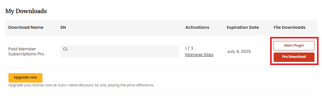 The Paid Member Subscriptions plugin account page.