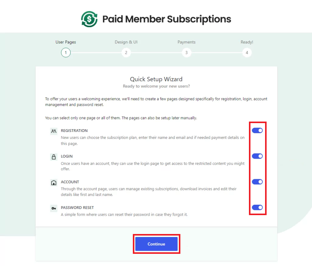 The Paid Member Subscriptions setup wizard.