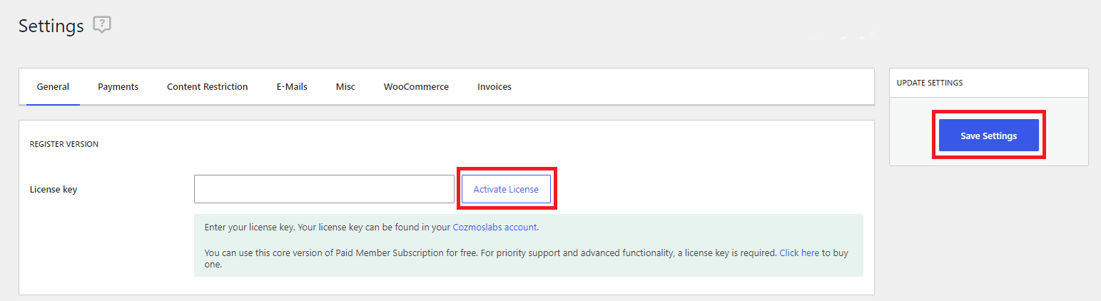 Activating a premium license within the Paid Member Subscriptions plugin.