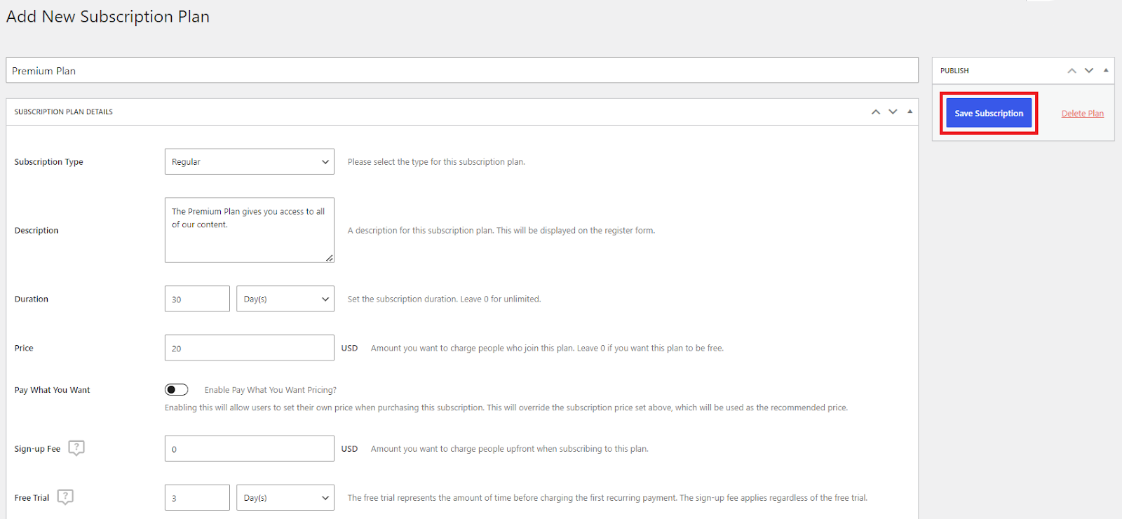 The Add New Subscription Plan editing screen within WordPress.