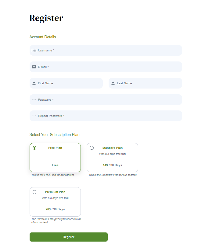 A website's front end showing a membership signup form and pricing  table.