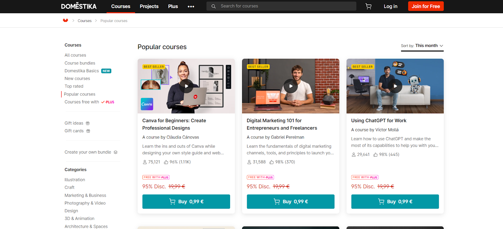 The home page of the Domestika showing different courses that cover a lot of niche topics.