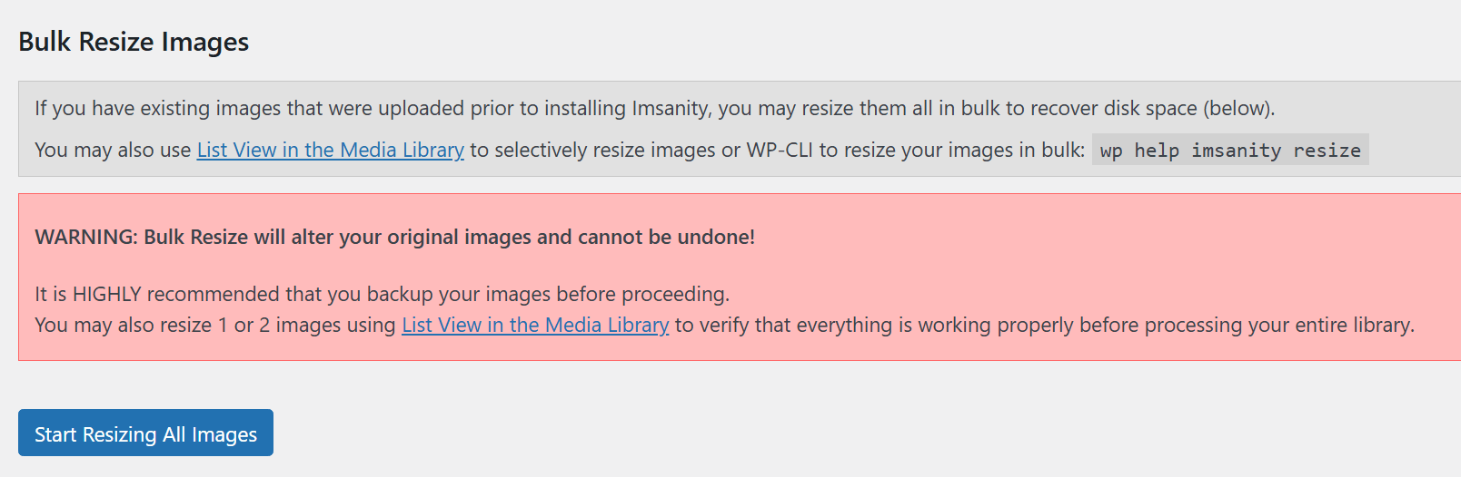Using Imsanity to resize images in bulk.