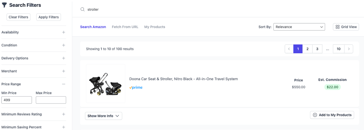 Finding and adding affiliate products to a site using the PassiveWP dashboard.