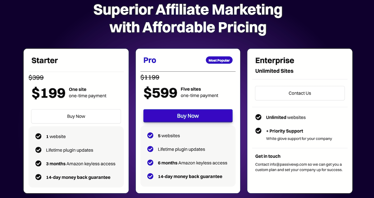 The pricing plans page for PassiveWP.