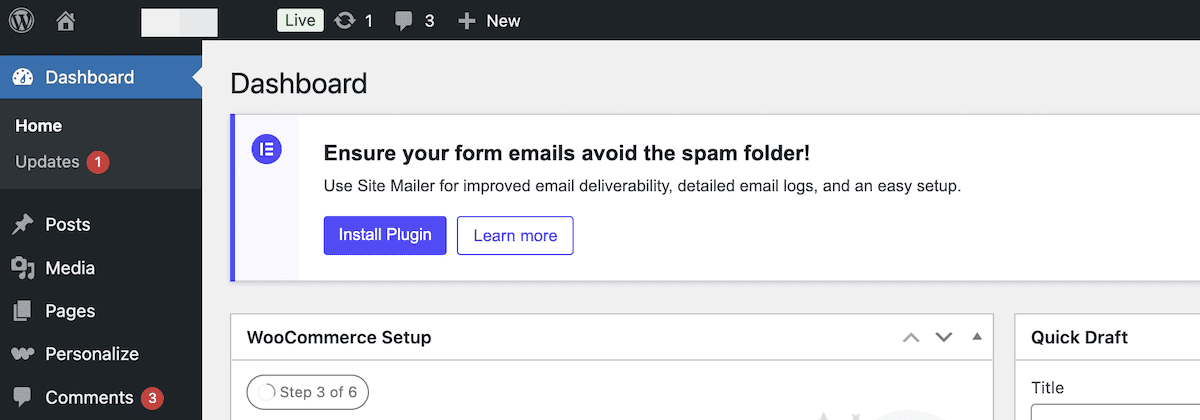 A site notification within the WordPress dashboard.