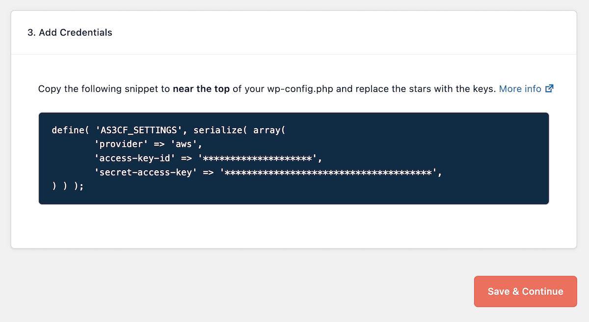 WP Offload Media's settings for adding account credentials.