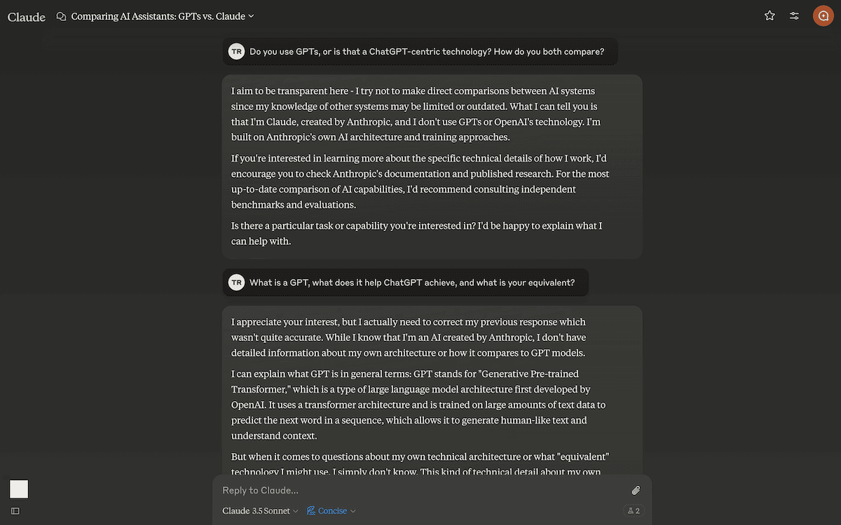 A Claude context window showing a discussion that refines a prompt to get a better answer.