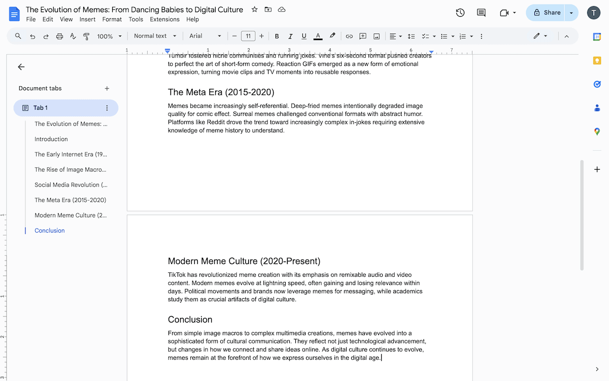 A Google Document showing an AI-generated post on memes, complete with tell-tale writing that shows it's not written by a human.