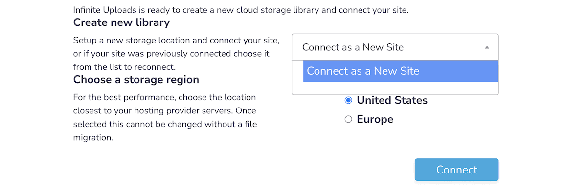 Creating a new library and storage connection with Infinite Uploads.