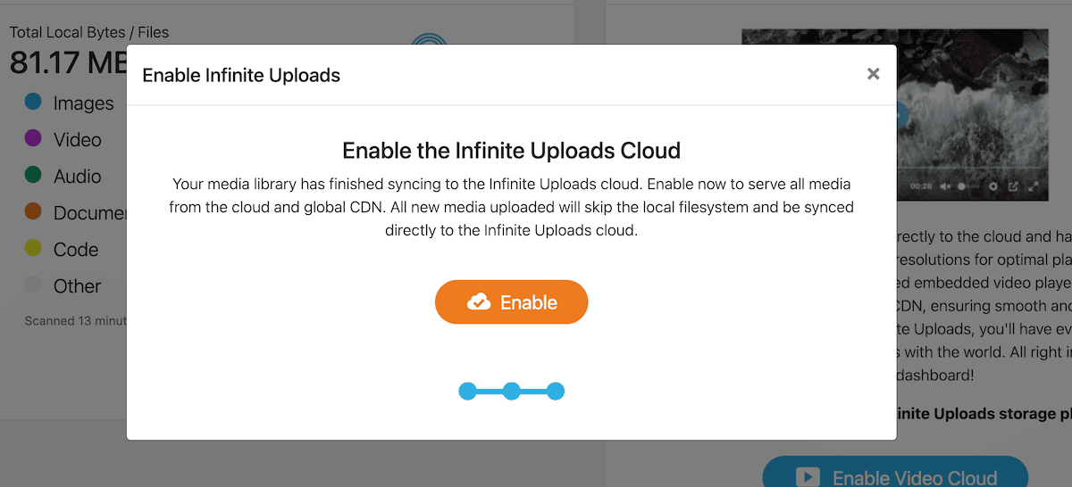 Enabling cloud storage using Infinite Uploads.