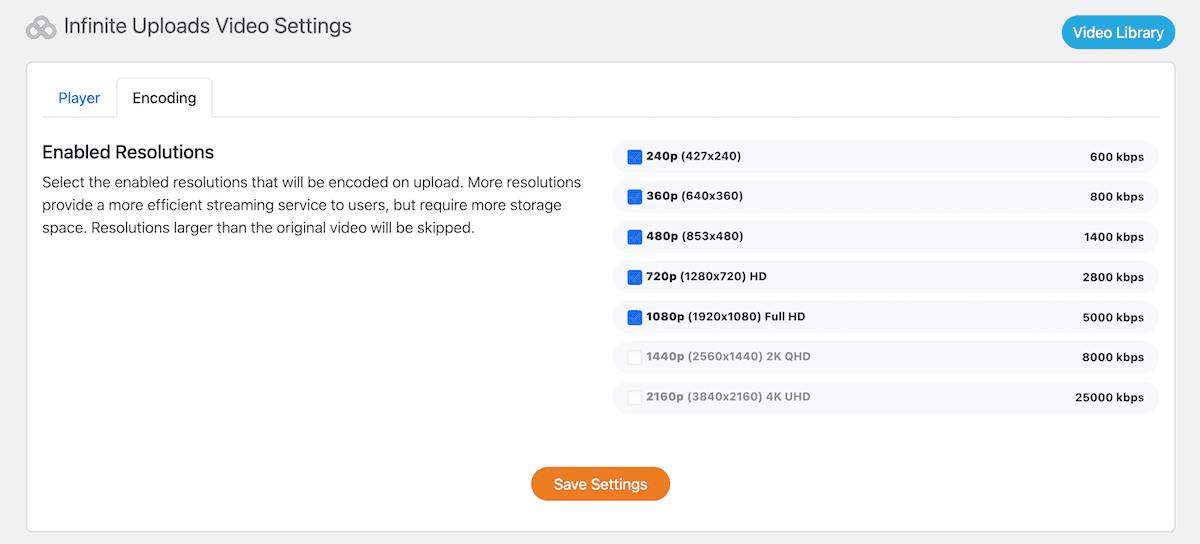 The Encoding tab for Infinite Uploads.