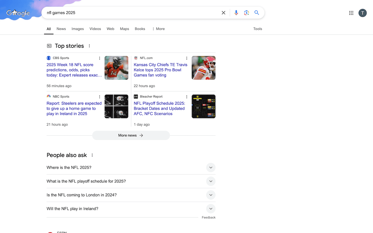 A Google search result screen for NFL games in 2025.