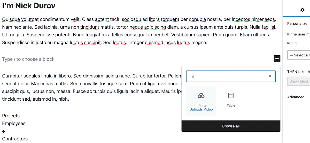 The Infinite Uploads Video Block option.