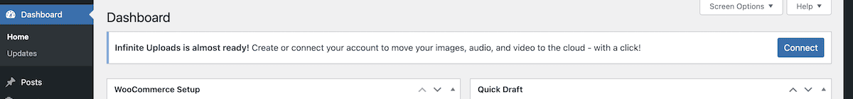 The Infinite Uploads banner and Connect button within WordPress.