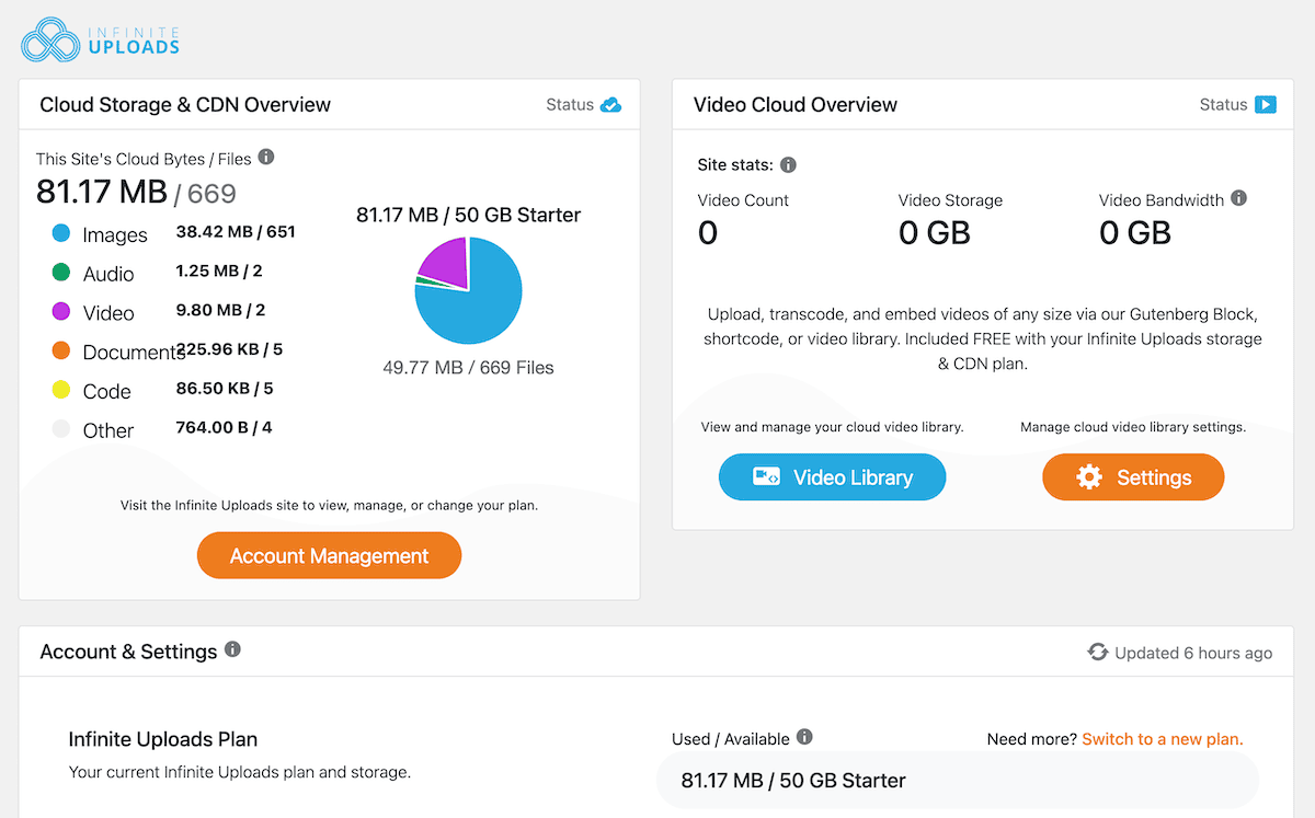 The Infinite Uploads dashboard.