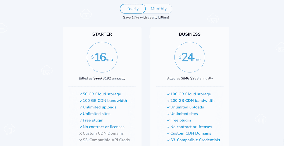 The Infinite Uploads pricing page.