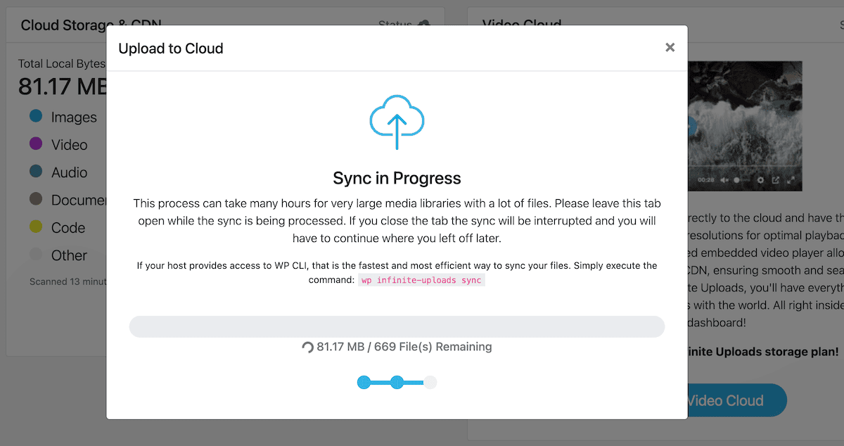 The file syncing progress modal within Infinite Uploads.