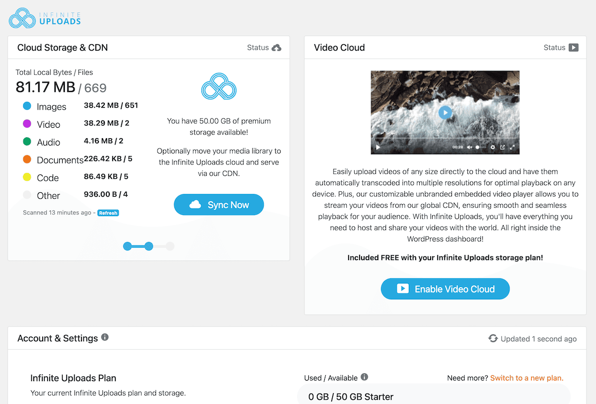 The main Infinite Uploads dashboard.