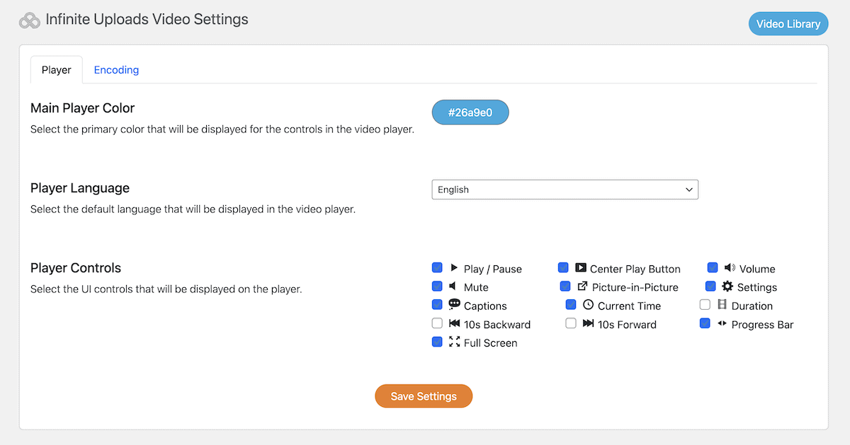 The Infinite Uploads Video Settings screen.