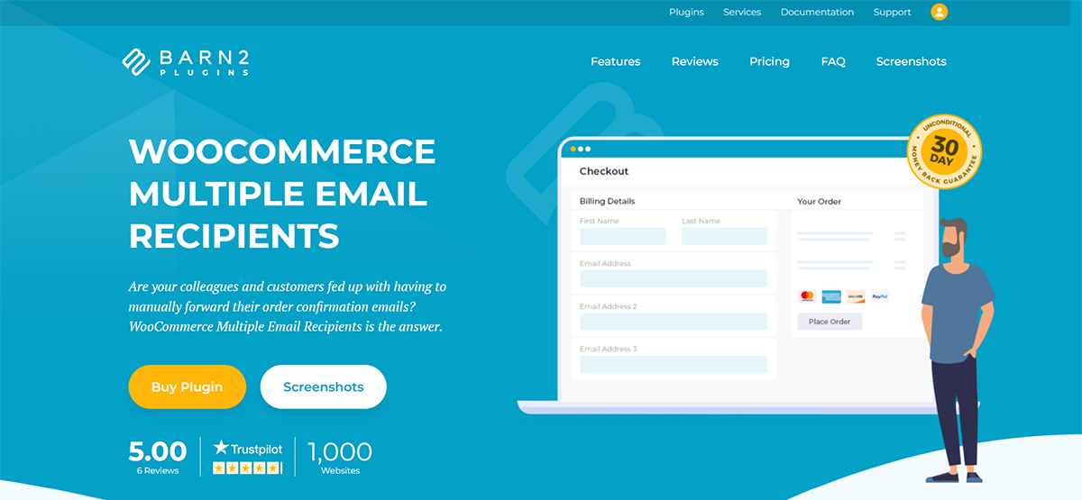 A webpage promoting Barn2 Plugins WooCommerce Multiple Email Recipients. Features include a screenshot of the checkout interface, a 30-day money-back guarantee badge, and buttons for buying the plugin and viewing screenshots.