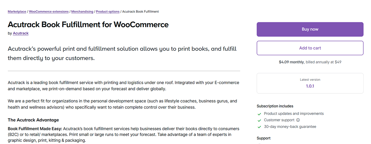 Screenshot of the Acutrack Book Fulfillment for WooCommerce product page. It includes a Buy now button, subscription pricing, product description, version number, last update date, and customer support information.