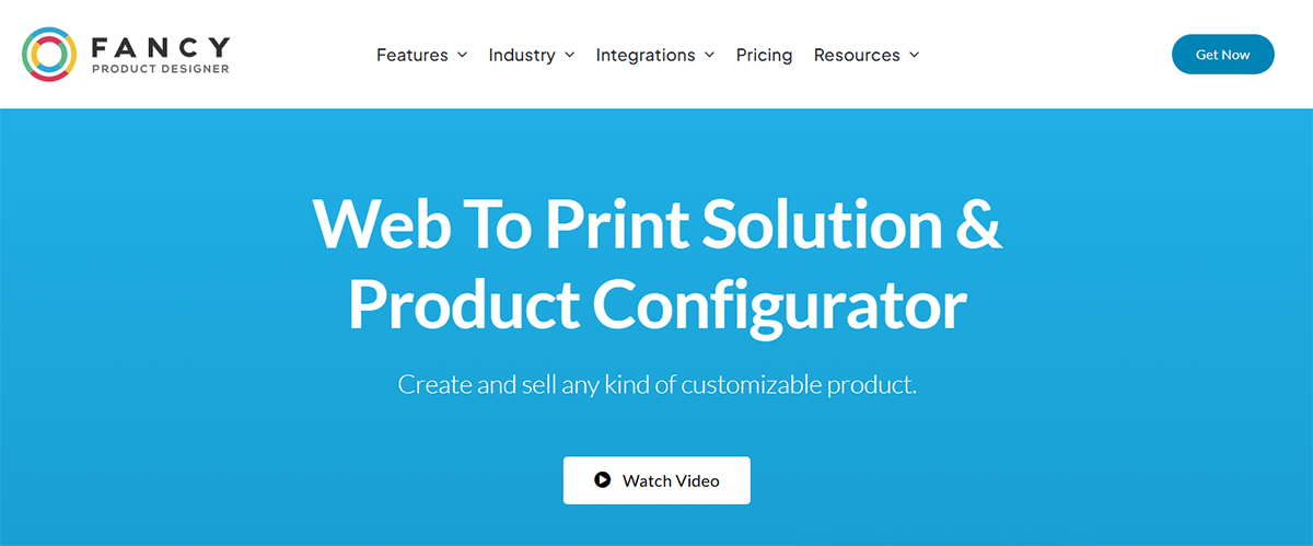 A webpage banner for Fancy Product Designer featuring a blue background. Text reads, Web To Print Solution & Product Configurator. Create and sell any kind of customizable product. Includes a Watch Video button.