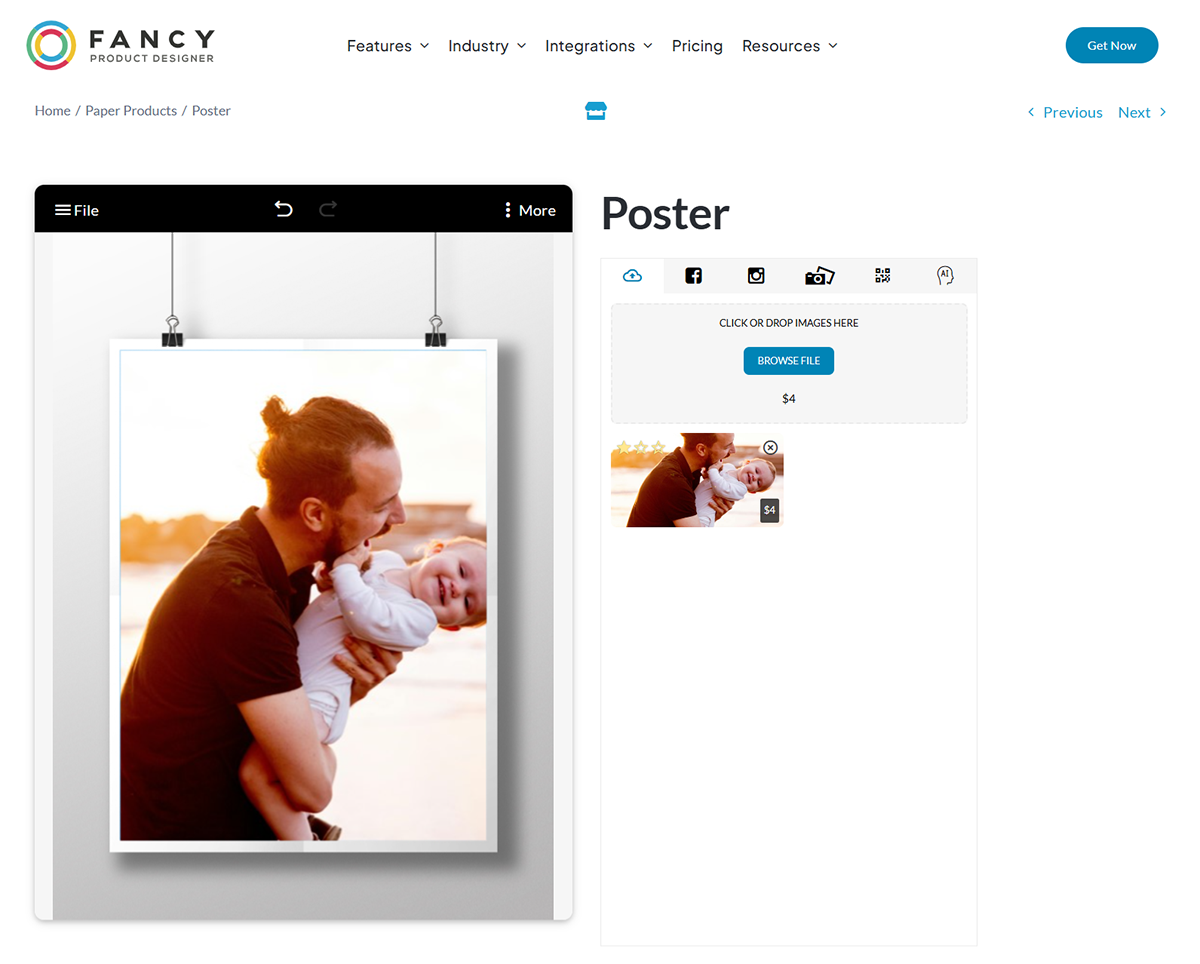 A man with a beard holds a smiling baby while standing outdoors. Warm lighting suggests a sunset setting. The image is displayed on an online poster design platform with options for customization.