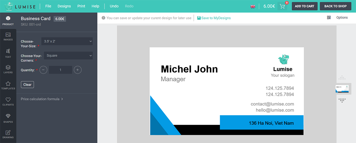 Screenshot of a business card design interface on Lumise. The card displays the name Michel John, the title Manager, contact details, and an address in Hanoi, Vietnam. A turquoise and black color scheme is used, with an abstract logo on the top right.
