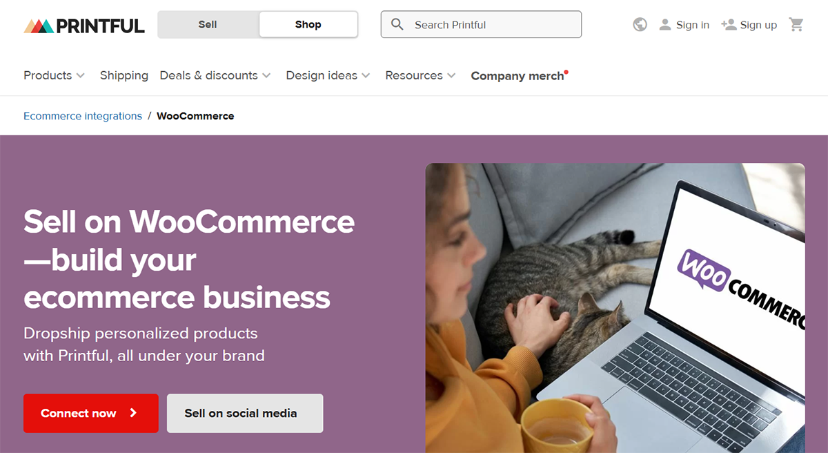 A person sitting on a couch, holding a laptop displaying the WooCommerce logo. A gray cat is lying beside them. Text reads, Sell on WooCommerce—build your ecommerce business. A Connect now button is visible.