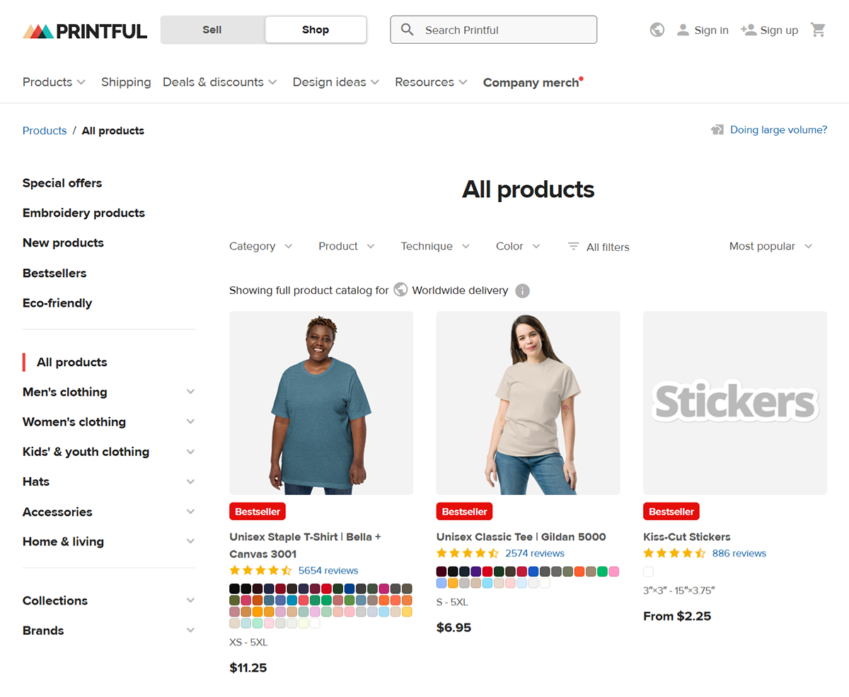 A screenshot of a Printful webpage displaying all products. Two bestselling items are shown: a blue unisex T-shirt starting at $11.25 and a beige T-shirt from $6.95, with color options; stickers start from $2.25. Navigation links are on the left.