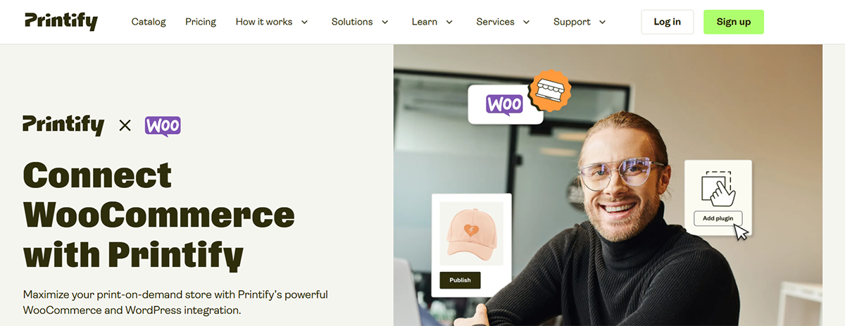 A smiling person sitting at a table with a computer. The text reads Printify × Woo and Connect WooCommerce with Printify. On the screen, there are icons for a hat and a graphic image.