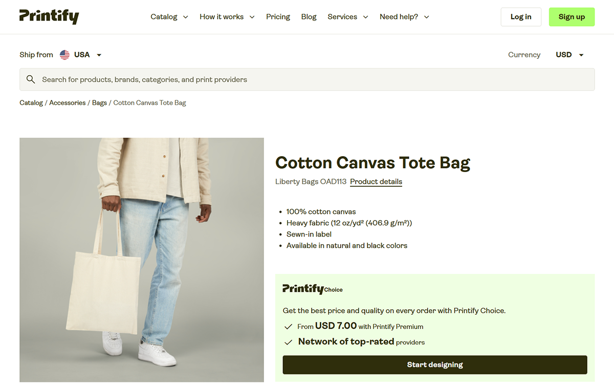 A person dressed in a beige shirt and light blue jeans holds a large cotton canvas tote bag. The tote bag is plain with an off-white color. The website page displays details about the bags features, pricing, and a design start option.