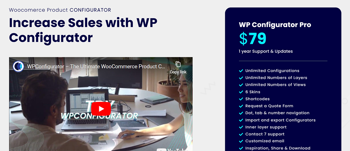 A webpage showcasing WP Configurator Pro, priced at $79. Features include unlimited configurations, number options, and shortcode support. A video is visible, and the product targets increased sales with WooCommerce.