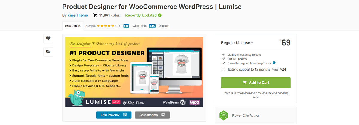 A webpage showcasing the Product Designer for WooCommerce WordPress by Lumise. It highlights a T-shirt design tool compatible with various platforms. Includes purchase options, pricing, and features like unlimited products and filter support.