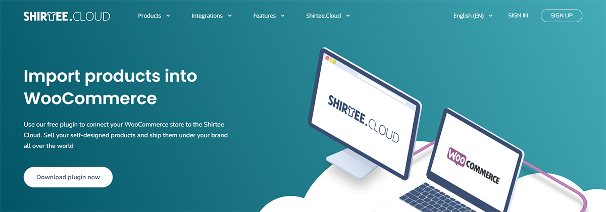 Promotional image for Shirtee.Cloud featuring two computer monitors displaying the Shirtee.Cloud and WooCommerce logos. The text encourages importing products into WooCommerce and offers a plugin download option. Background is gradient blue.