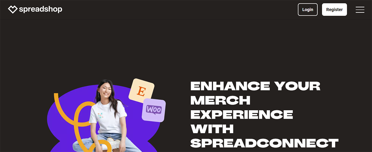 A woman in a white t-shirt sits smiling against a dark background. The text reads, Enhance your merch experience with Spreadconnect. Various app icons float nearby. The Spreadshop logo is at the top left, with login and register buttons on the top right.