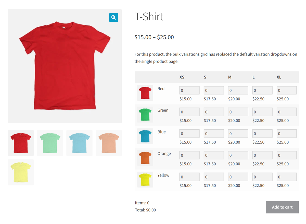 Screenshot of a product page for a T-shirt available in various colors and sizes. Price ranges from $15 to $25. Different color options like red, green, blue, and orange are shown with a price grid per size. Add to cart button is visible.