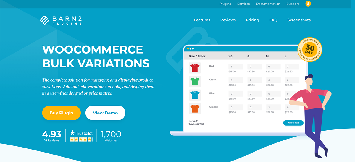 Barn2 Plugins website banner for WooCommerce Bulk Variations. Features a software interface screenshot, text promoting 30 Day Money Back Guarantee, and customer ratings with over 1,700 websites using the plugin. Buttons for Buy Plugin and View Demo are visible.