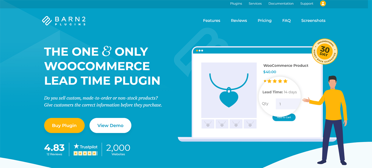 Illustration of a web page promoting the Barn2 Plugins WooCommerce Lead Time Plugin. It shows a person pointing to a product image with lead time details. The page includes buttons for buying and viewing a demo, with ratings and user statistics displayed.