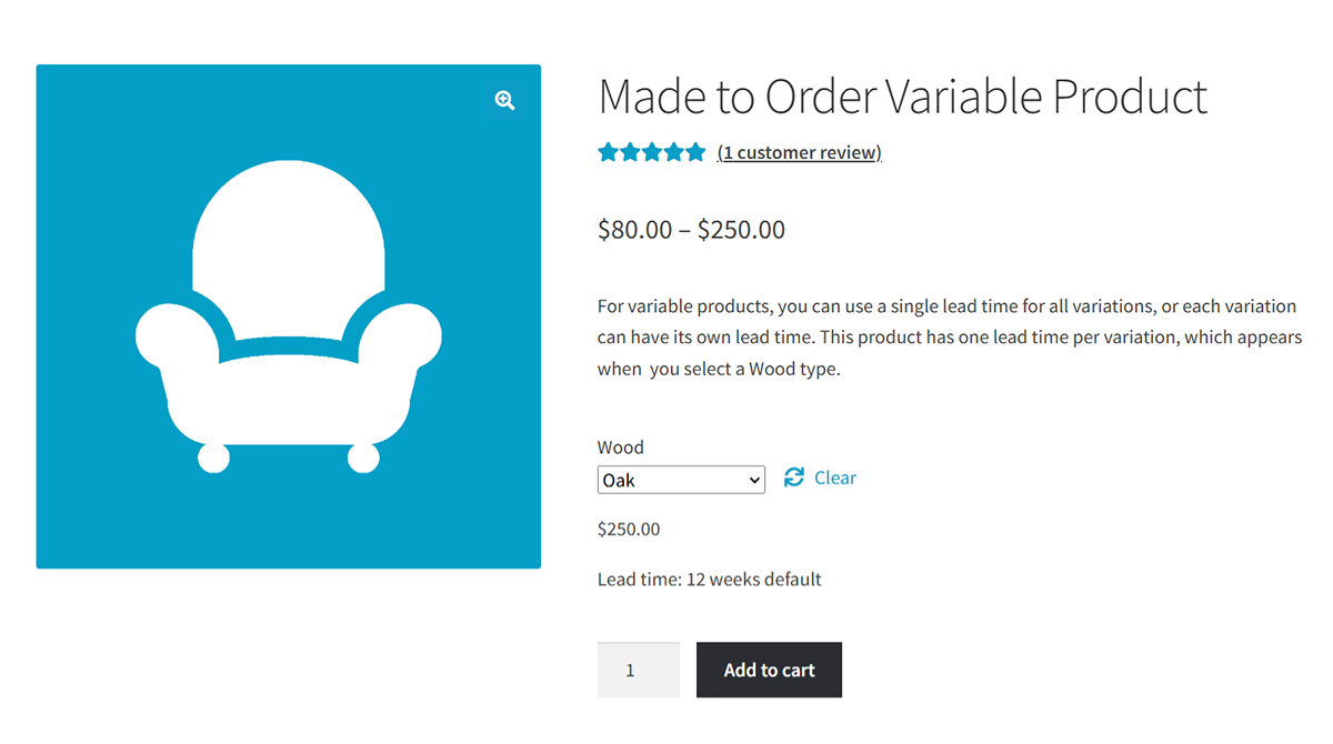 Image of an online product page for a customizable chair. Price range is $80.00 to $250.00. Options include wood type Oak and a checkbox to clear selection. Lead time is noted as 1-2 weeks. There is an Add to cart button.