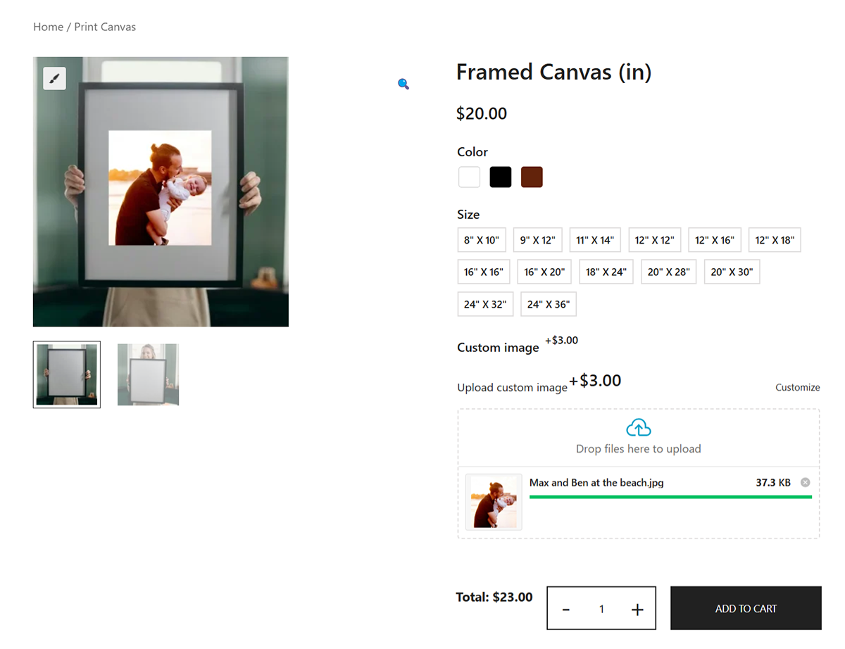 A product page for a framed canvas priced at $20. Options for size and color are available with an additional charge for custom image upload. A person holds a framed photo of two people. The total price is shown as $23.