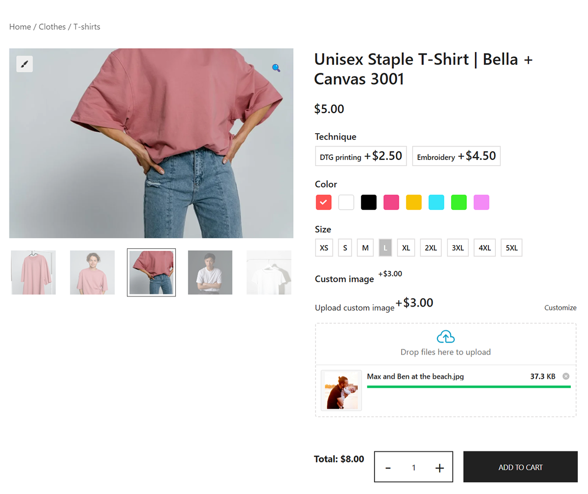 A pink unisex T-shirt on a hanger featuring a custom-printed image of a man embracing a child. The online store interface displays options for printing techniques, shirt colors, sizes, a price, and an option to upload images.