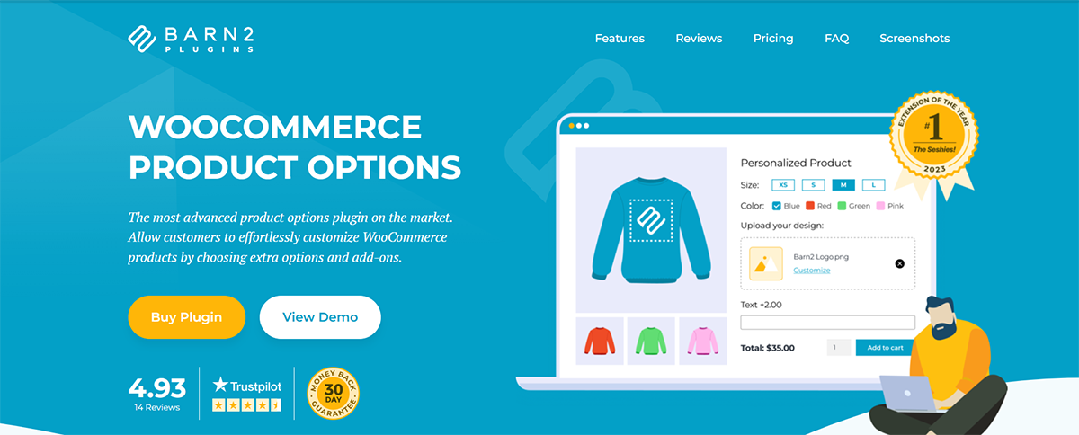 A webpage showcasing WooCommerce product options by Barn2 Plugins, featuring a customizable sweatshirt interface. Includes buttons for buying and viewing demos, plus user ratings and awards.