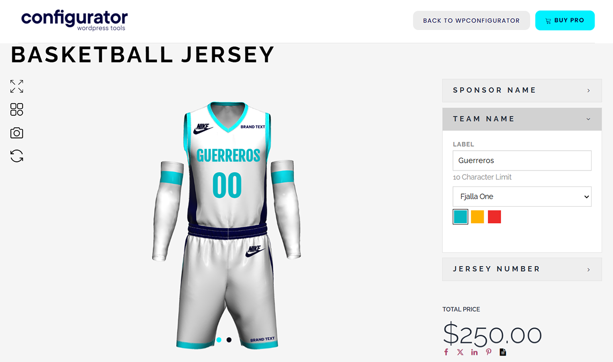 Screenshot of a custom basketball jersey design interface. The jersey on display is white with turquoise accents and GUERREROS text. The interface includes options for sponsor name, team name, jersey number, and total price of $250.00.
