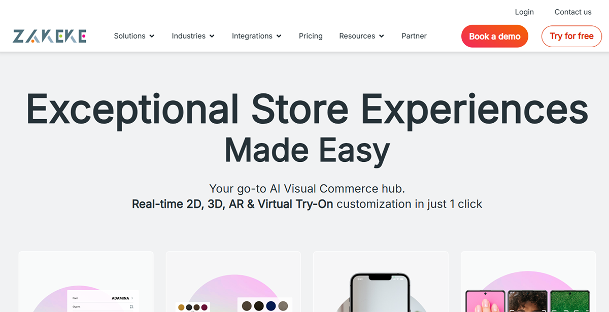 Screenshot of a website featuring the headline Exceptional Store Experiences Made Easy. It highlights real-time 2D, 3D, AR, and virtual try-on customization. The header includes navigation links and options to book a demo or try for free.