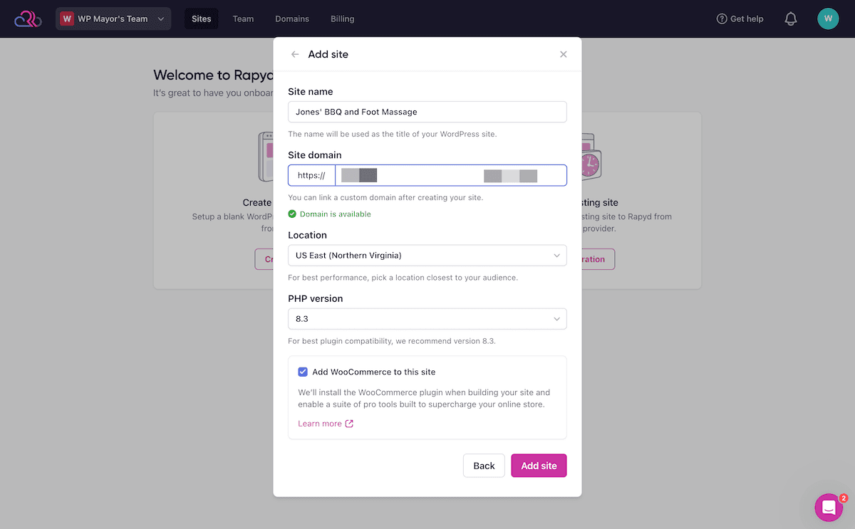 Adding a new site to Rapyd Cloud.