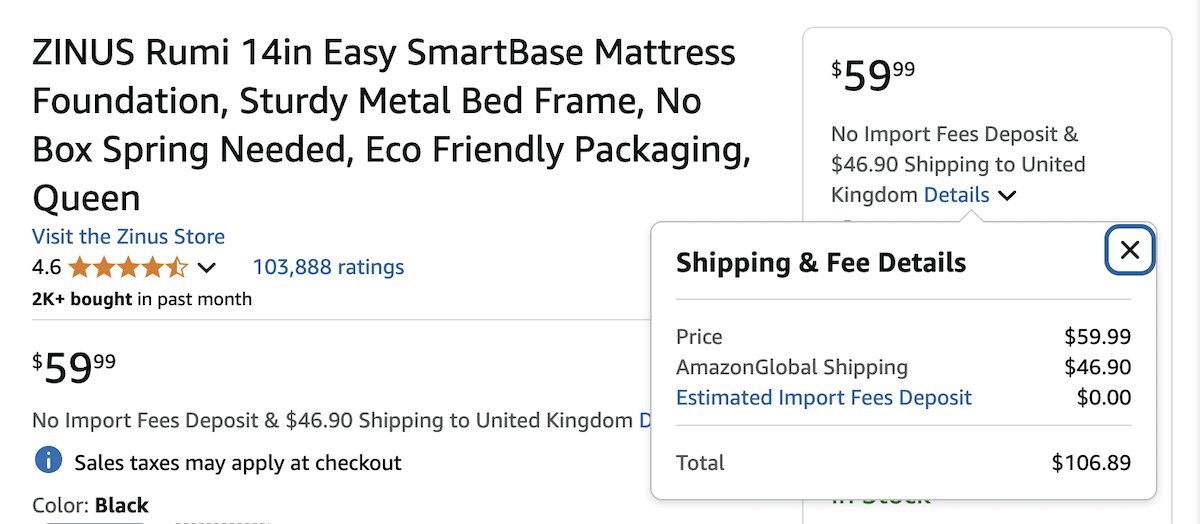 Amazon's shipping cost breakdown for a product.