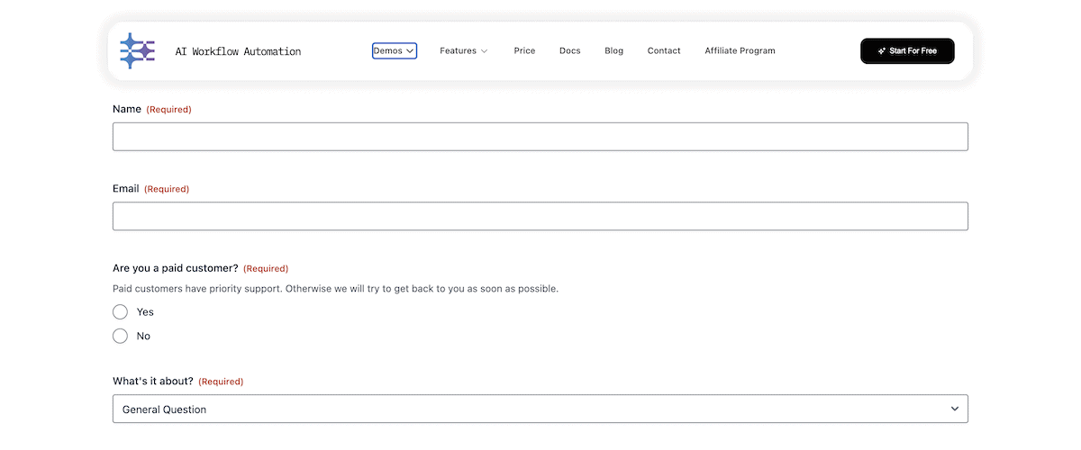 The main website's contact form.